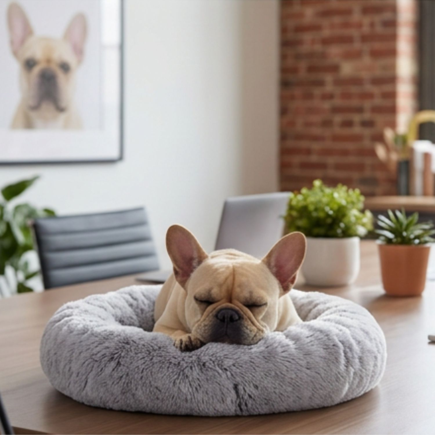Fifi the French Bulldog asleep in a fluffy grey dog bed on the office desk