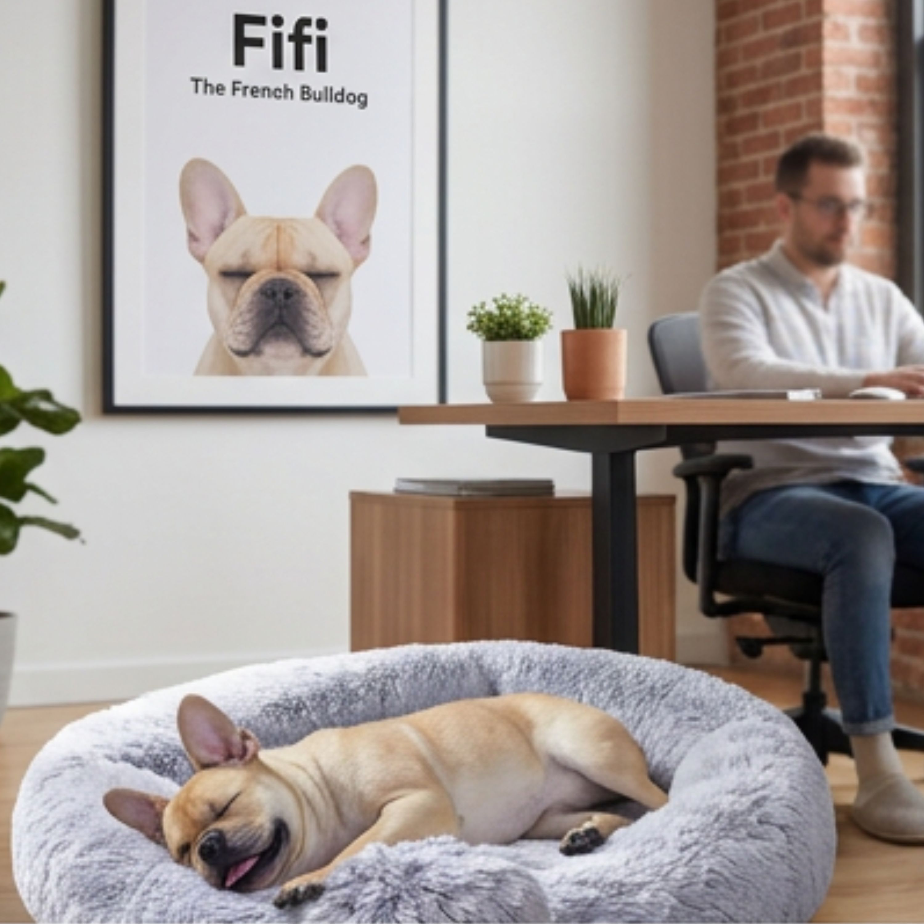 Fifi sleeping in her fluffy bed while a team member works at the desk under a framed 'Fifi The French Bulldog' poster