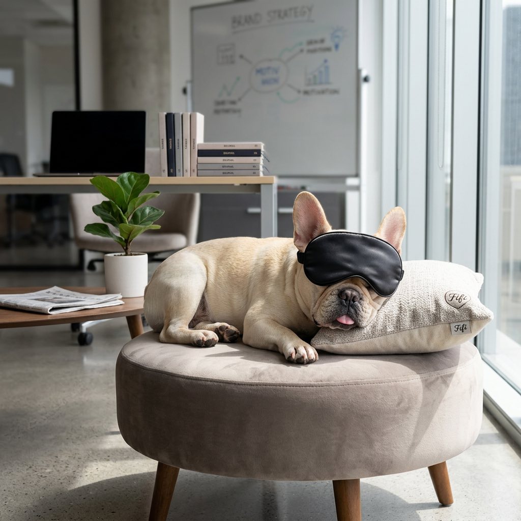 Fifi wearing a silk sleep mask, snoring on a Fifi-branded cushion in front of a Brand Strategy whiteboard